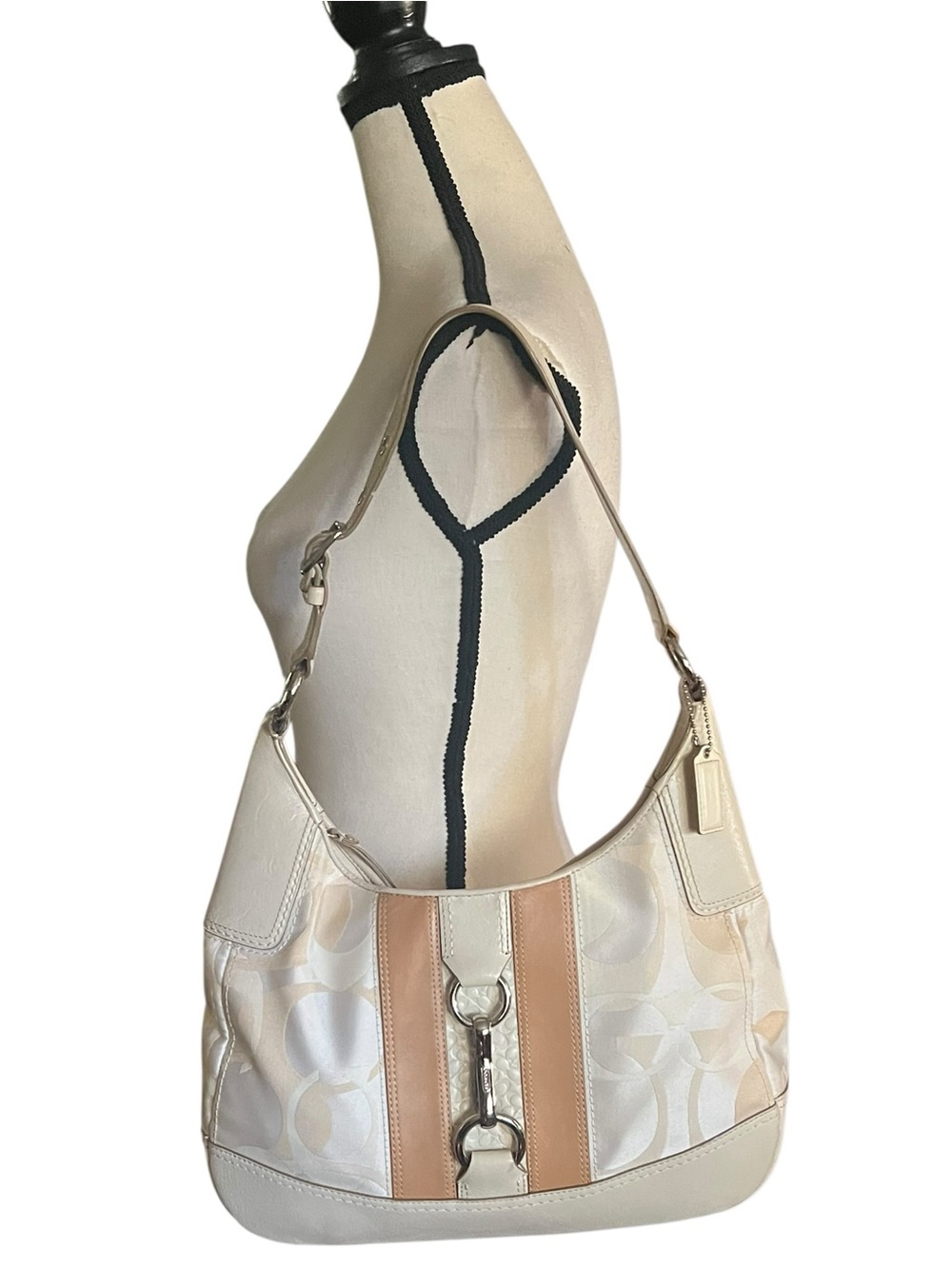 Y2K Coach Hamptons Ivory Optic Signature Logo Stripe Hobo Handbag.